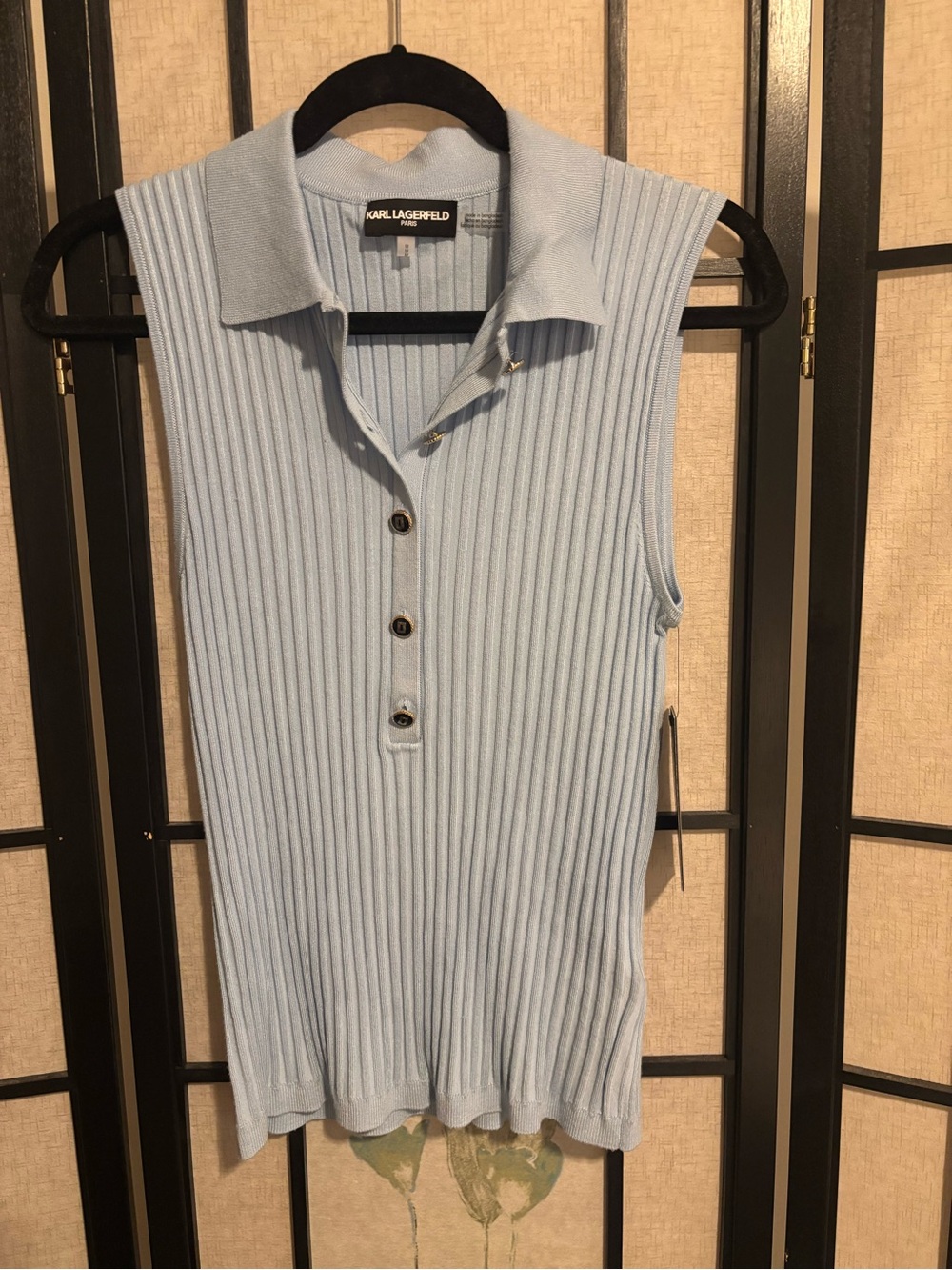 NWT Karl Lagerfeld Light Blue Ribbed Sleeveless Polo Top